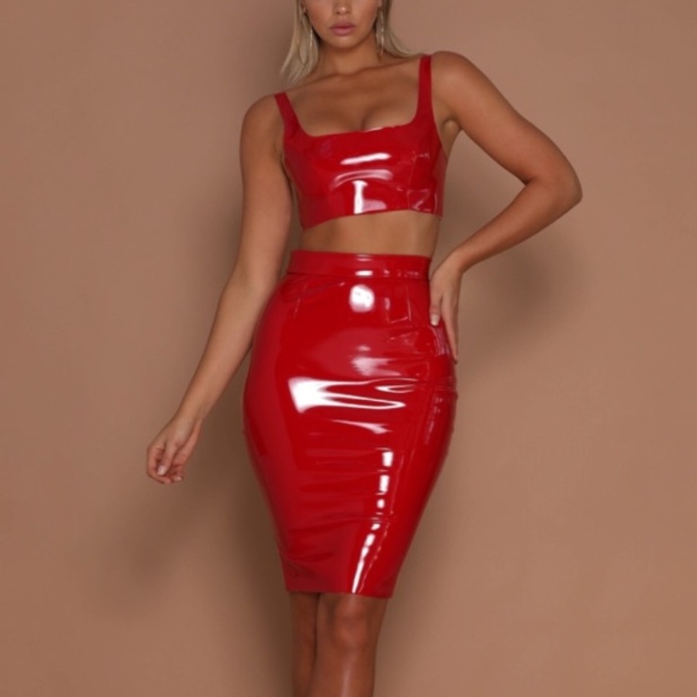 EUC Meshki latex red crop top and pencil skirt XS